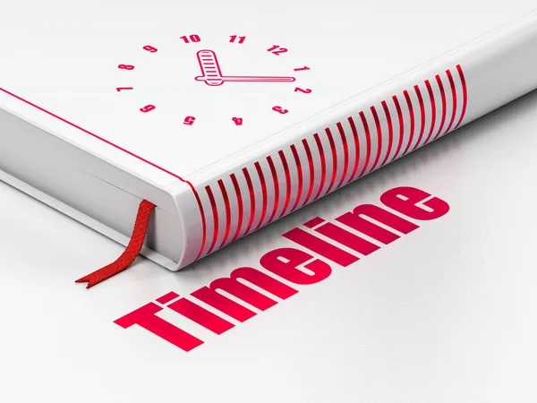 Tijd concept: boek klok, tijdlijn op witte achtergrond — Stockfoto