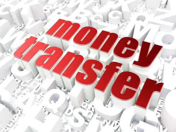 Conceito de financiamento: Transferência de dinheiro em plano de fundo alfabeto — Fotografia de Stock