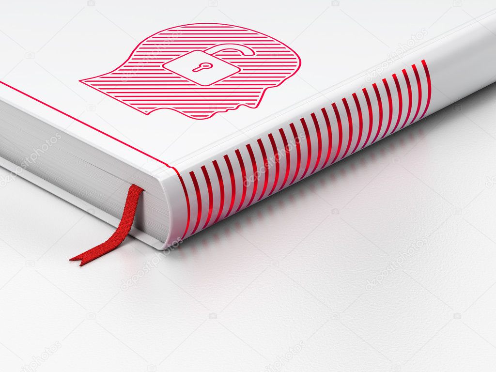 Business concept: closed book, Head With Padlock on white background