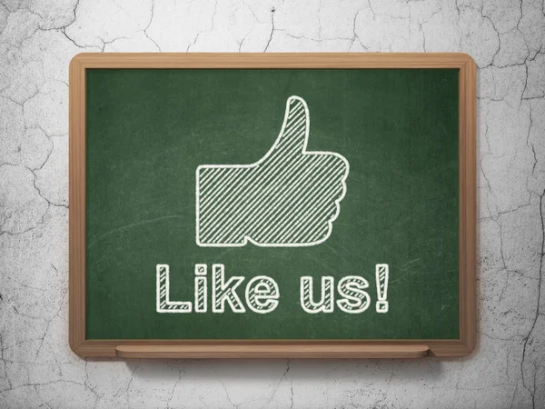 Social media concept: Thumb Up and Like us! on chalkboard background — Stock Photo, Image