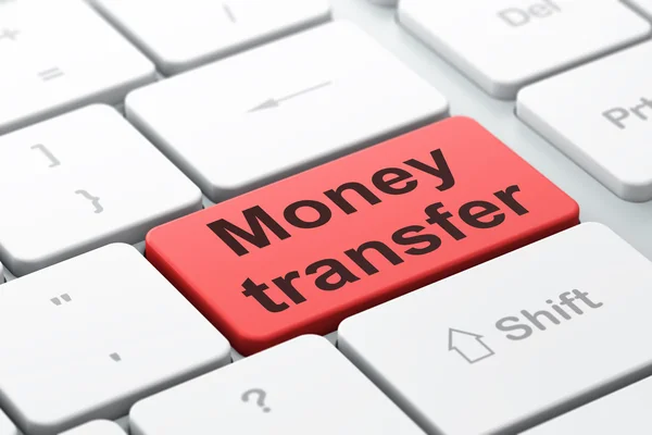 Conceito de finanças: Transferência de dinheiro no fundo do teclado do computador — Fotografia de Stock