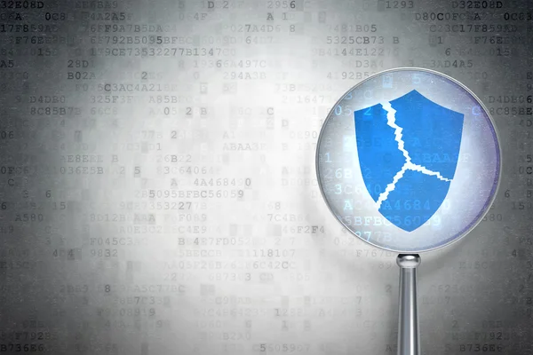 Privacy concept:  Broken Shield with optical glass on digital background — Stock Photo, Image