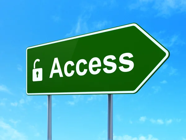 Protection concept: Access and Opened Padlock on road sign background — Stock Photo, Image