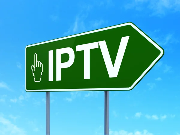 Conceito de desenvolvimento Web: IPTV e mouse Cursor no fundo sinal de estrada — Fotografia de Stock