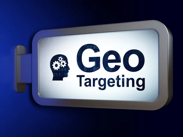 Bedrijfsconcept: geo-targeting en hoofd met versnellingen op billboard achtergrond — Stockfoto