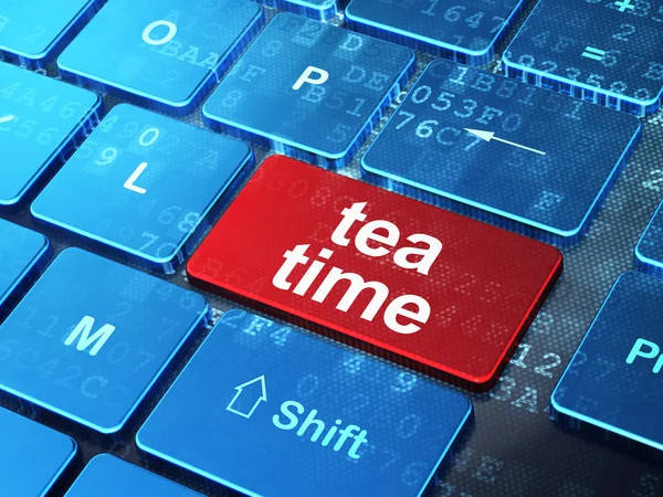 Zaman çizelgesi kavramı: çay saati bilgisayar klavye zemin üzerine — Stok fotoğraf