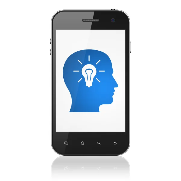 Marketing koncepció: fej lámpa izzó smartphone — Stock Fotó