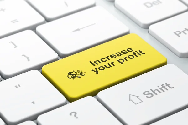 Концепция финансирования бизнеса: финансовый символ и увеличение прибыли на фоне клавиатуры компьютера — стоковое фото
