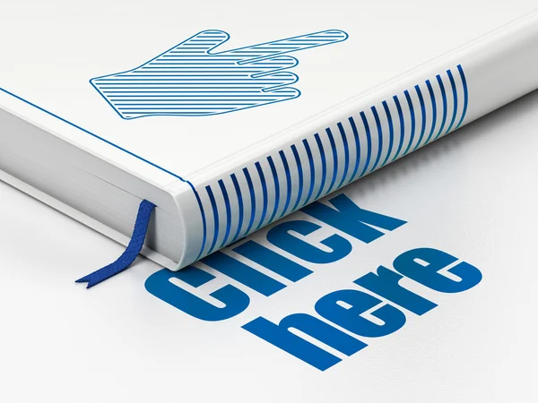 Web design concept: book Mouse Cursor, Click Here on white background — Stock Photo, Image