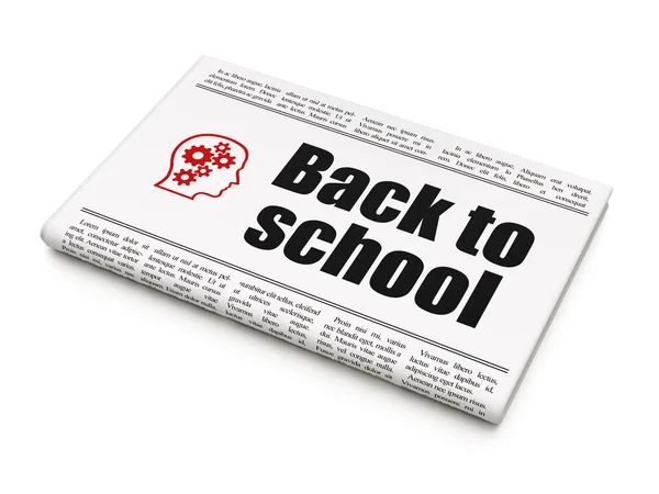 Concetto educativo: giornale con Back to School e Head With Gears — Foto Stock