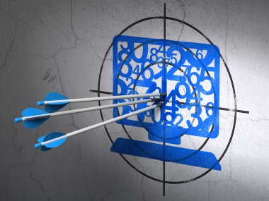 Eğitim kavramı: bilgisayar pc hedef duvar arka planda okları