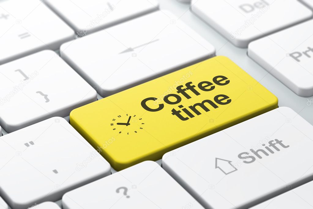 Time concept: Clock and Coffee Time on computer keyboard background