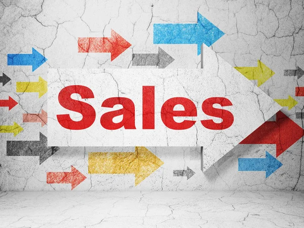 reklam kavramı: grunge duvar arka plan üzerinde satış ile ok