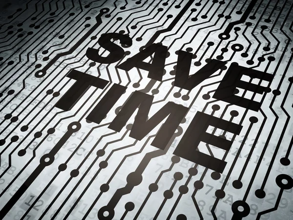 Concepto de línea de tiempo: placa de circuito con Save Time — Foto de Stock