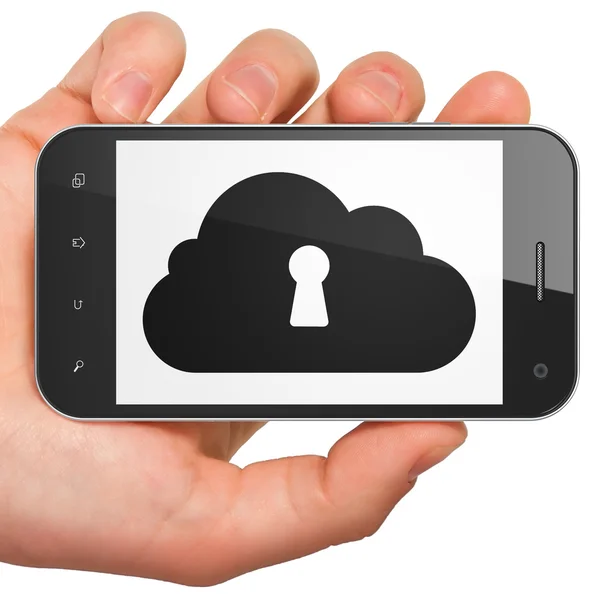 Conceito de tecnologia de nuvem: Nuvem com buraco de fechadura no smartphone — Fotografia de Stock