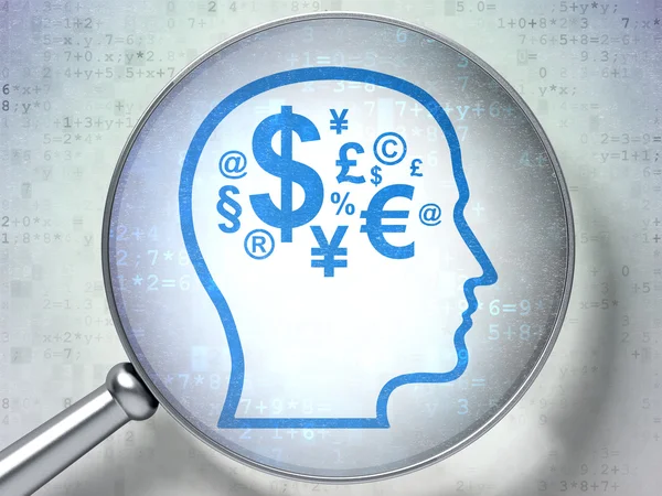 Concepto educativo: Head With Finance Symbol con vidrio óptico sobre fondo digital — Foto de Stock