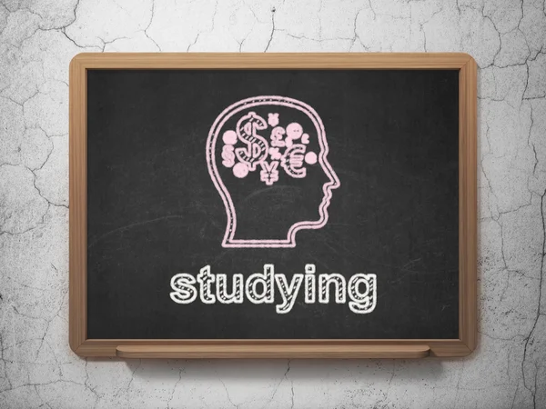 Vzdělávací koncepce: hlava s finanční symbol a studiu na tabuli pozadí — Stock fotografie