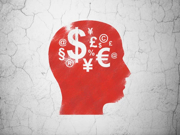 Concetto pubblicitario: Head With Finance Simbolo sullo sfondo della parete — Foto Stock