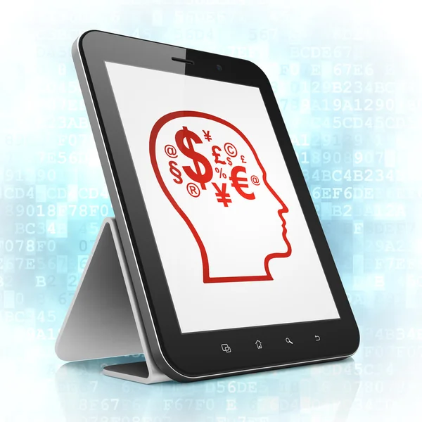 Concetto pubblicitario: Head With Finance Symbol sul computer tablet PC — Foto Stock