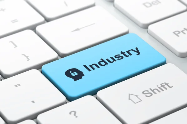 Bedrijfsconcept: hoofd met hangslot en industrie op computer toetsenbord achtergrond — Stockfoto