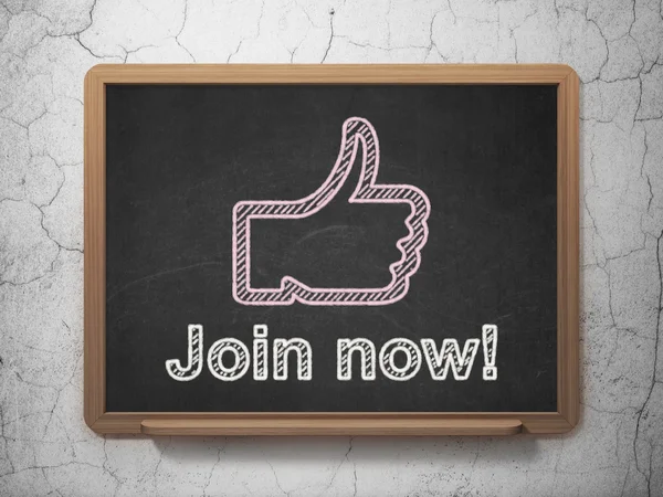 Social network concept: Thumb Up and Join now! on chalkboard background — Stock Photo, Image