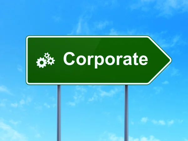 Business concept: Corporate e ingranaggi su sfondo cartello stradale — Foto Stock