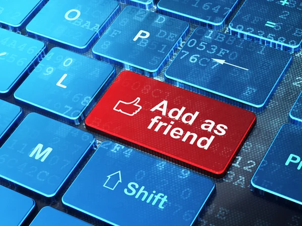 Koncept sociální média: palec nahoru a přidat jako přítele na pozadí klávesnice počítače — Stock fotografie