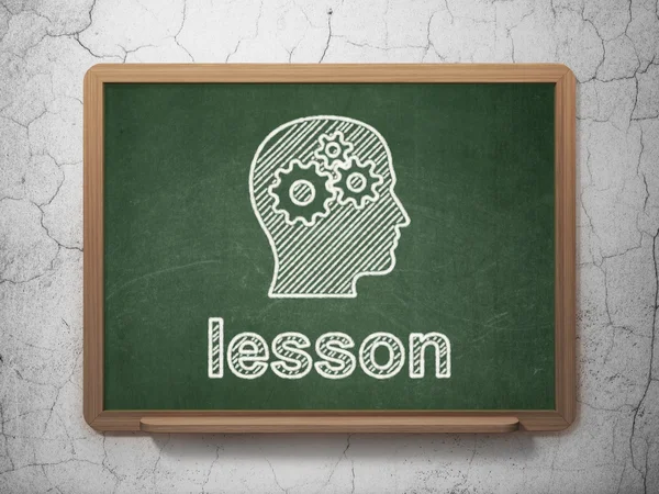 Education concept: Head With Gears and Lesson on chalkboard background — Stock Photo, Image