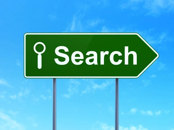 Concepto de desarrollo web: búsqueda y búsqueda en el fondo de la señal de tráfico — Foto de Stock