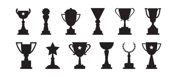 Bekers Vector Set Trofee Zwarte Pictogrammen Sport Kampioen Prijs Geïsoleerd — Stockvector