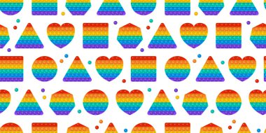 Popit vektör oyuncağı kusursuz desen, gökkuşağı itiş baloncukları, duyusal oyun, hareketli arka plan. Stres önleyici parmak aleti. Renkli yazdır. Moda çocuk illüstrasyonu