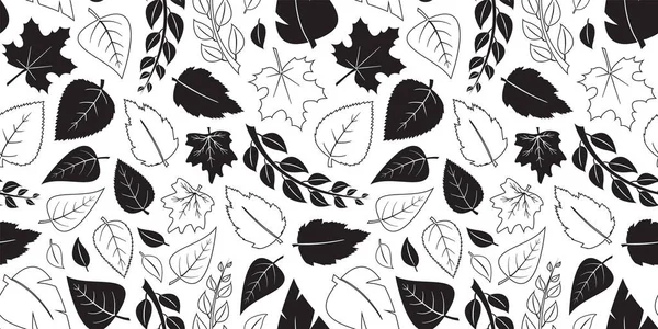 Autumn Leaves Vector Seamless Pattern Fall Black Flat Outline Design — Stock Vector