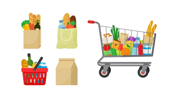 Lebensmittelbeutelset Vorhanden Lebensmittelkorb Und Marktwagen Produkte Kaufen Shop Und Filialkonzept — Stockvektor