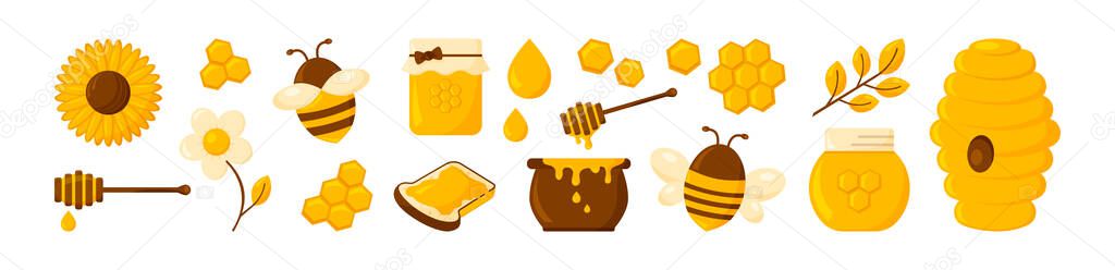 Honey vector set, bee and jar, flowers, honeycomb and pot icons isolated on white background. Cartoon gold illustration