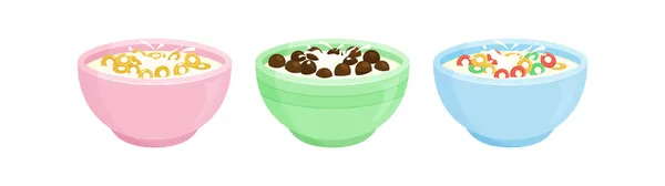 Set Tazón Desayuno Cereales Copos Maíz Con Icono Vectores Leche — Vector de stock