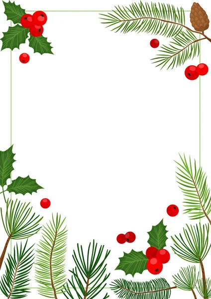 Christmas Border Pine Fir Cone Holly Berry Border Evergreen Frame — Stock Vector