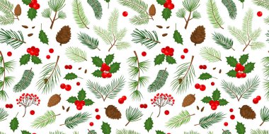 Christmas vector seamless pattern, evergreen plants background, tree, fir, pine and cone, holly berry, leaves branches, holiday winter nature print. Cartoon repeat illustration clipart