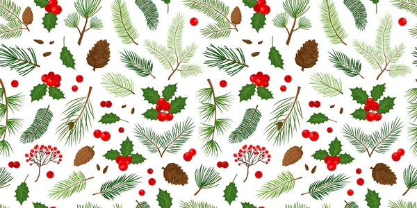 Christmas Vector Seamless Pattern Evergreen Plants Background Tree Fir Pine — Stock Vector