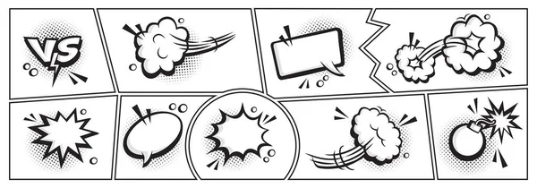 漫画气球矢量集 模板页面上的黑白有趣云 卡通语音背景 带有半色调元素的复古框架 流行艺术风格中的表达泡沫 幽默说明 — 图库矢量图片