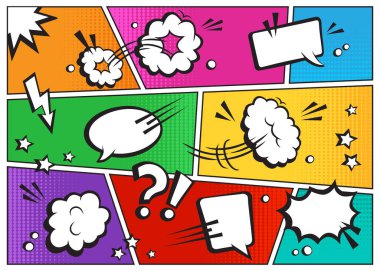 Çizgi roman konuşma baloncukları vektör çizgi film şablonu, renkli yarım ton arkaplan üzerine kurulu retro bulutlar, çerçeve düzeni pop sanat tarzında süper kahraman balonlar. Komik illüstrasyon