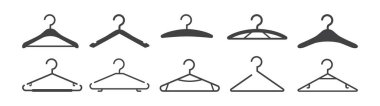 Askı vektör ikonu, palto için kancalar, dolap giysileri, vestiyer için askılık, beyaz arka planda siyah siluetler. Moda çizimi