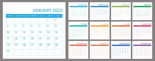 Planer Kalendarza 2022 Kalendarz Wektorowy Miesiąc Kalendarz Szablon Organizatora Tydzień — Wektor stockowy