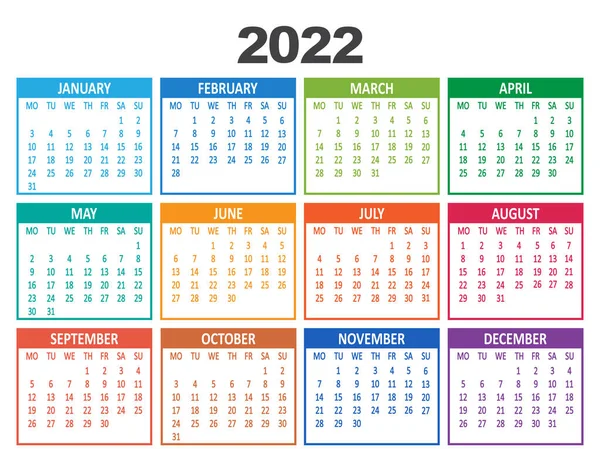 2022 Year Calendar Week Starts Monday Template Vector Illustration — Stock Vector