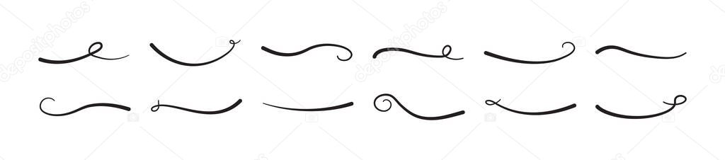 Swoosh and swash, swish vector line icon, black underline set, hand drawn swirl and curly text elements. Doodle retro collection isolated on white background