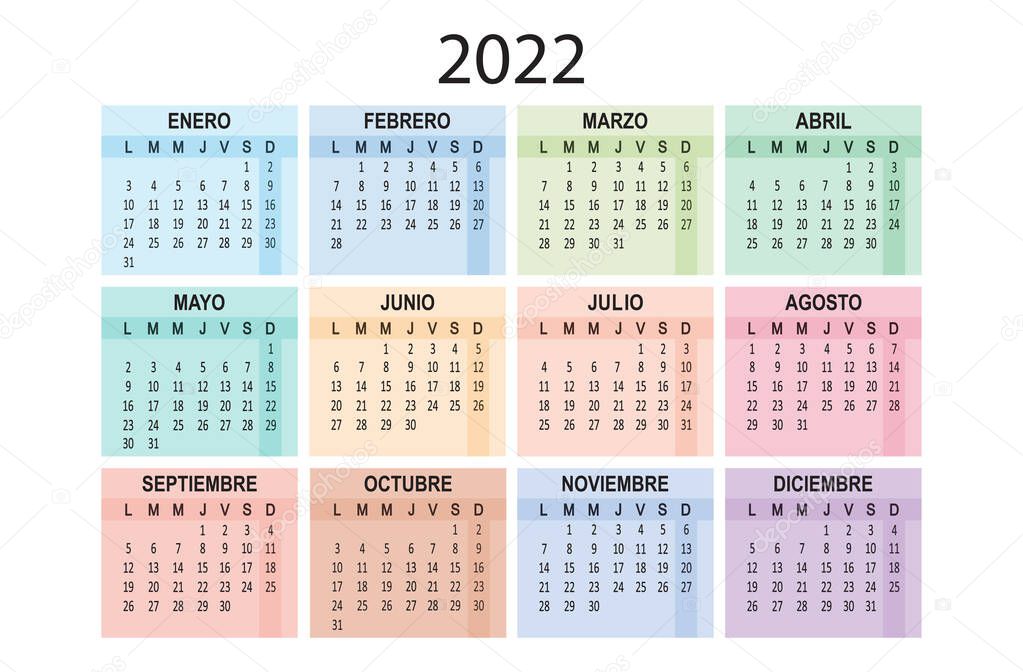 Spanish 2022 year calendar. Week starts on Lunes Monday. Vector illustration