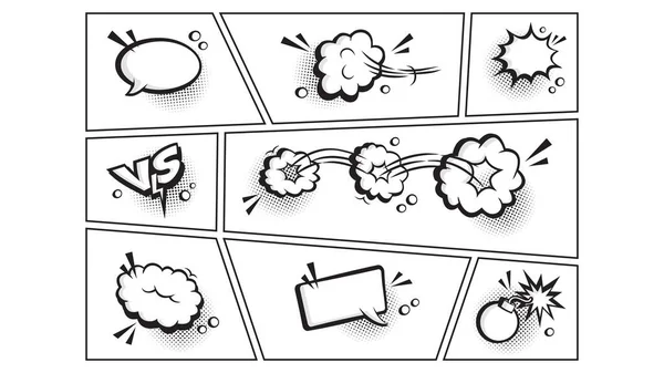 漫画语音泡沫向量集 卡通气球在模板页 有趣的复古框与半色调元素 表达云流行艺术风格 黑人和白人幽默说明 — 图库矢量图片