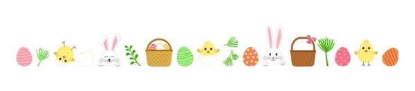イースターベクトルかわいいセット 漫画のウサギと卵狩り 春のバスケット シェルと雛 幸せなウサギは白い背景に隔離された 休日のイラスト — ストックベクタ