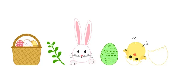 Easter Vector Set Cartoon Rabbit Bunny Egg Hunt Spring Basket — Stock Vector