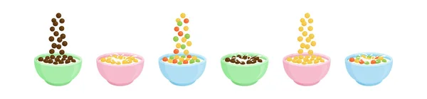 Tazón Desayuno Cereales Icono Vectores Copos Maíz Con Set Leche — Vector de stock