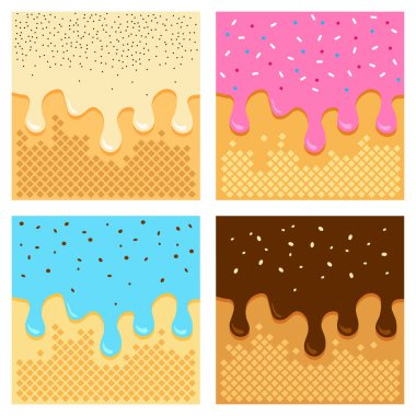 Waffle vektör koni deseni, eriyen şeker arkaplanı, çizgi film gofreti ve dondurma akışı. Güzel karikatür çizimi